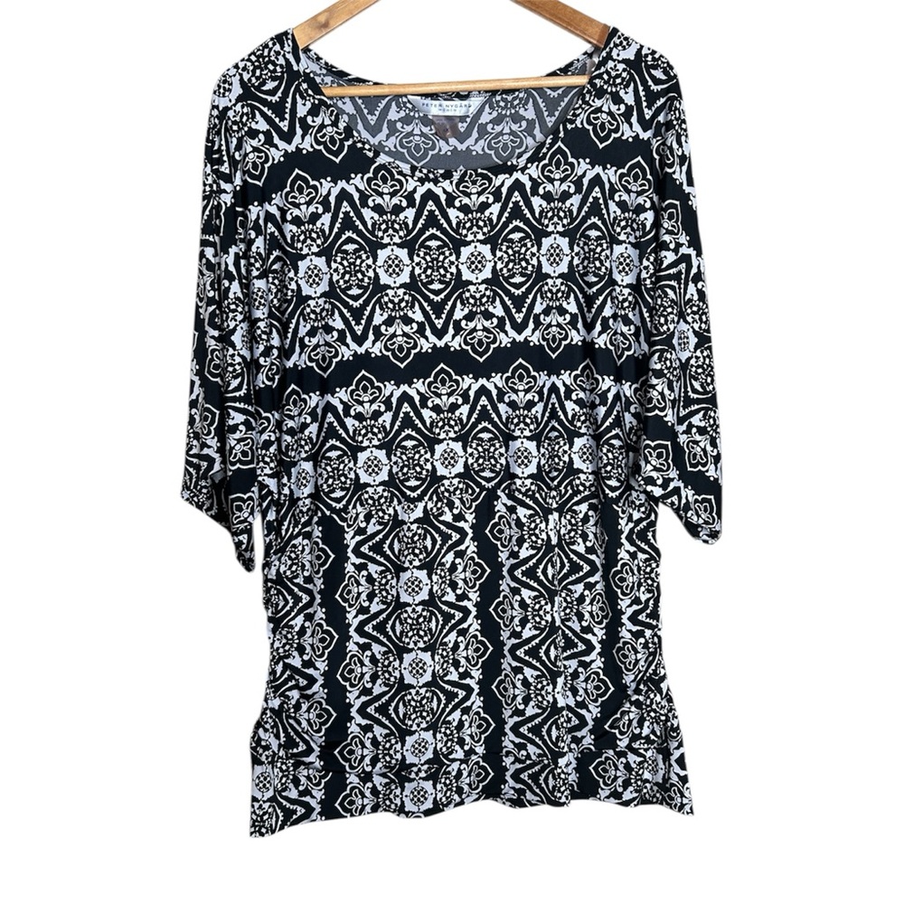 🩷 Peter Nygard Women size 1X Dolman Sleeve Black White Abstract Print Slinky top